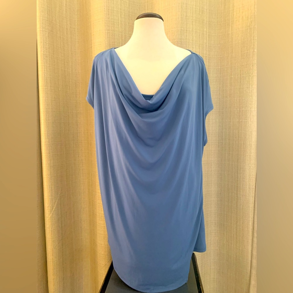 Lane Bryant Tunic Top 22/24 draped neckline turquoise blue bias cut short sleeve